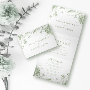 Invitation Trois Volets Sage vert ligne art fleurs photo mariage