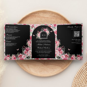 Invitation Trois Volets Saint Valentin rose rouge Roses papillon noir Mari