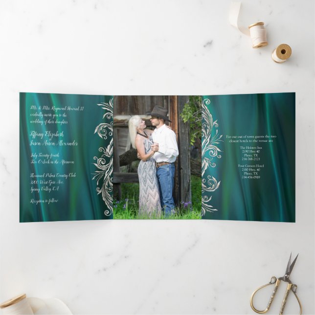 Invitation Trois Volets Satin turquoise avec Mariage Peacock (Intérieur)