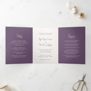Invitation Trois Volets Script manuscrit violet moderne Élégant mariage