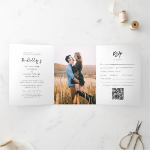 Invitation Trois Volets Script moderne Photos Mariage tout en un