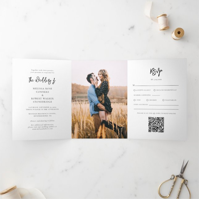 Invitation Trois Volets Script moderne Photos Mariage tout en un (Intérieur)