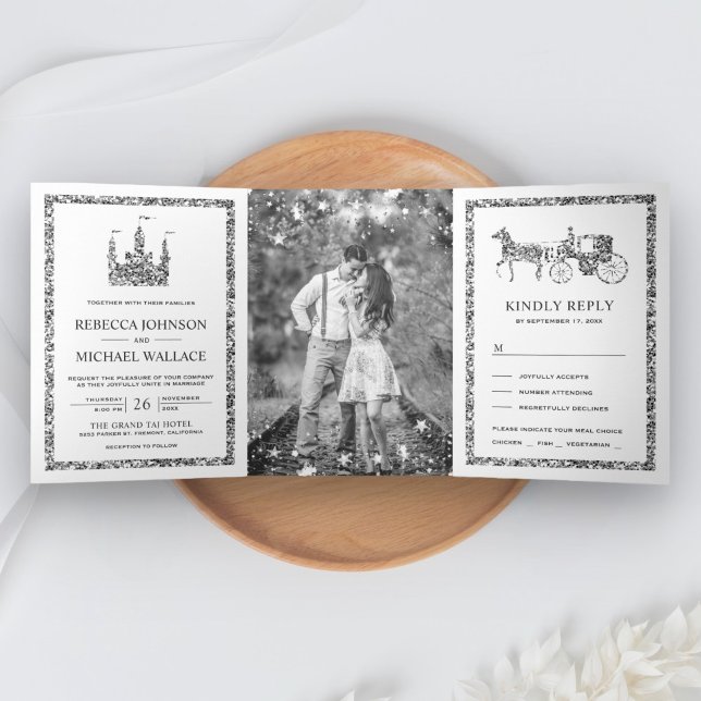 Invitation Trois Volets Silver Fairytale Castle Princess Carriage Mariage (Créateur téléchargé)