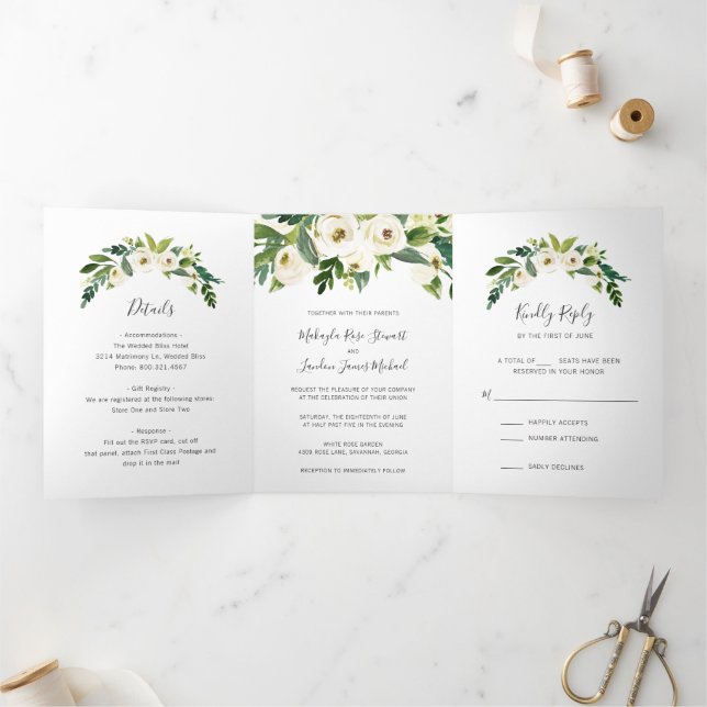 Invitation Trois Volets Simple Élégance Florale Blanche pour Mariage (Intérieur)
