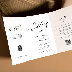 Invitation Trois Volets Simple élégant script RSVP QR blanc mariage