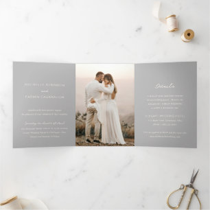 Invitation Trois Volets Simple Gris Photo Mariage élégant
