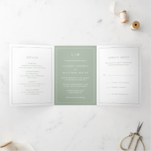 Invitation Trois Volets Simple Mariage Élégant Monogramme Vert Sauge