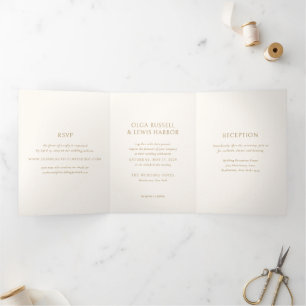 Invitation Trois Volets Simple Mariage Moderne Ivoire et Or