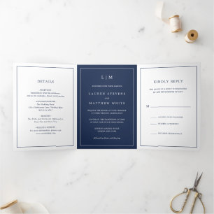 Invitation Trois Volets Simple Monogramme Bleu Marine Élégant Mariage