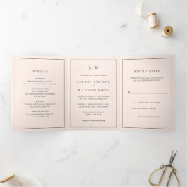 Invitation Trois Volets Simple Monogramme Rose Pâle Élégant Mariage