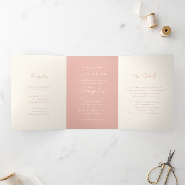 Invitation Trois Volets Simple Pêche Mariage moderne (Intérieur)