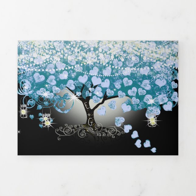 Invitation Trois Volets Sky Blue Pastel Heart Leaf Tree Mariage (Page de couverture)
