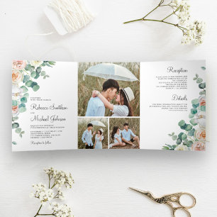Invitation Trois Volets Soft Pastel Roses Eucalyptus Photo Collage Mariage