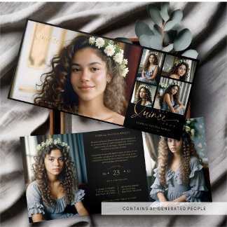 Invitation Trois Volets Spanish Black Trendy Quinceañera Collage 7 Photos