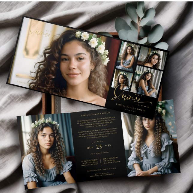 Invitation Trois Volets Spanish Black Trendy Quinceañera Collage 7 Photos (Spanish Black Trendy Quinceañera Collage 7 Photos Invitation Tri-Fold Card with Envelope.)