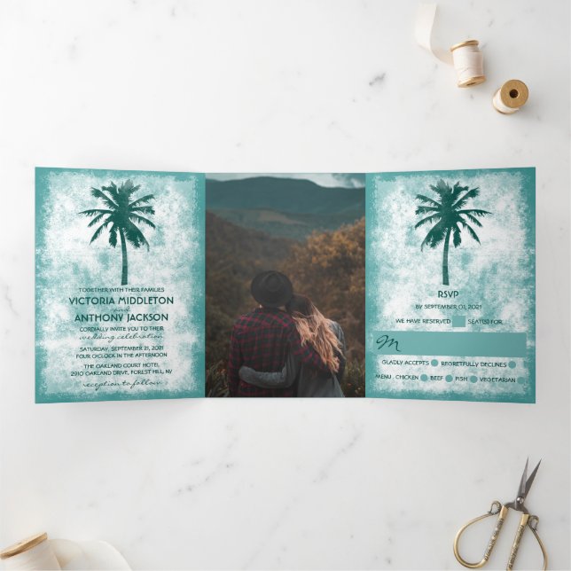 Invitation Trois Volets Suite de mariage Tropical Palm Tree Beach (Intérieur)