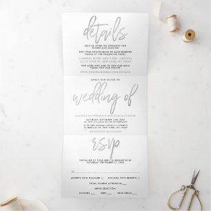 Invitation Trois Volets Suite Mariage de script Silver moderne