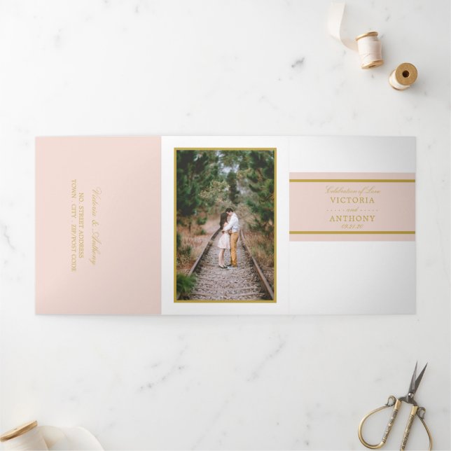 Invitation Trois Volets Suite Mariage moderne Champagne Rose & Or (Extérieur)