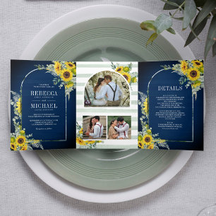 Invitation Trois Volets Sunflower Eucalyptus Arch Marine Mariage en bois b