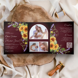 Invitation Trois Volets Sunflowers Lavender Bourgogne Code QR Mariage
