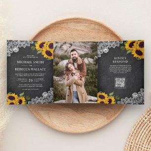 Invitation Trois Volets Tableau Noir Dentelle Tournesol Photo Code QR Mari