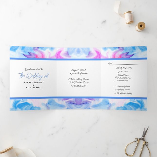 Invitation Trois Volets Teinture à tarte bleue et rose (Intérieur)