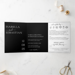 Invitation Trois Volets Tenue de mariage noir tout-en-un, réponse aimable
