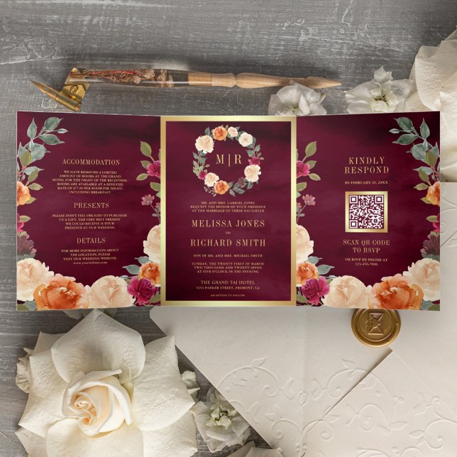 Invitation Trois Volets Terme couronne florale QR Code Mariage Bourgogne (Créateur téléchargé)