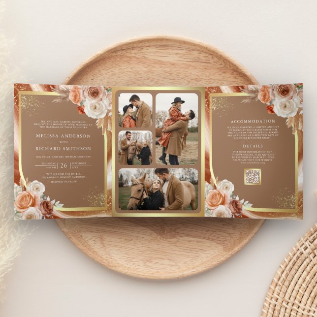 Invitation Trois Volets Terracotta Floral Pampas Gold Beige Mariage (Créateur téléchargé)