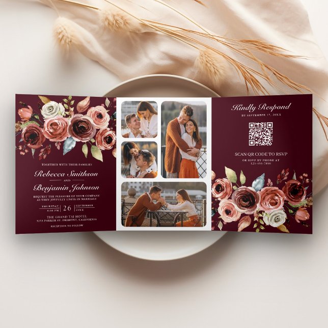 Invitation Trois Volets Terracotta Floral QR Code Burgundy Wedding (Créateur téléchargé)