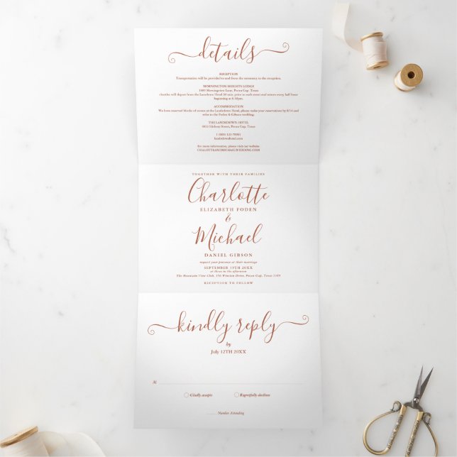 Invitation Trois Volets Terracotta Signature Script Mariage photo (Intérieur)