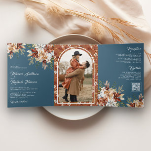 Invitation Trois Volets Terre cuite Floral Fleur Sauvage Bleu Poussiéreux