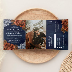 Invitation Trois Volets Terre Rustique Terreuse Terracotta Rose Navy Maria