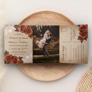 Invitation Trois Volets Terre Rustique Toile de Jute Terracotta Rose Pouss