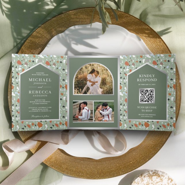 Invitation Trois Volets Terry Sage vert Terrazzo Carreau QR Code Mariage (Créateur téléchargé)