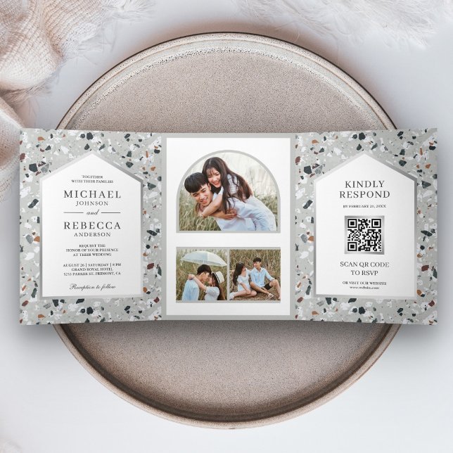 Invitation Trois Volets Tile Gris Terrazzo Photo QR Code Mariage (Créateur téléchargé)
