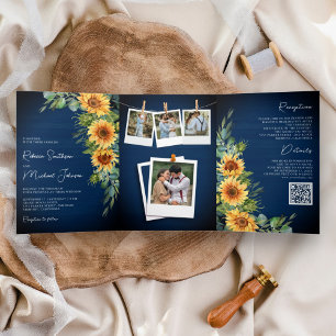 Invitation Trois Volets Tournage de tournesols Code QR Eucalyptus Bleu Nui