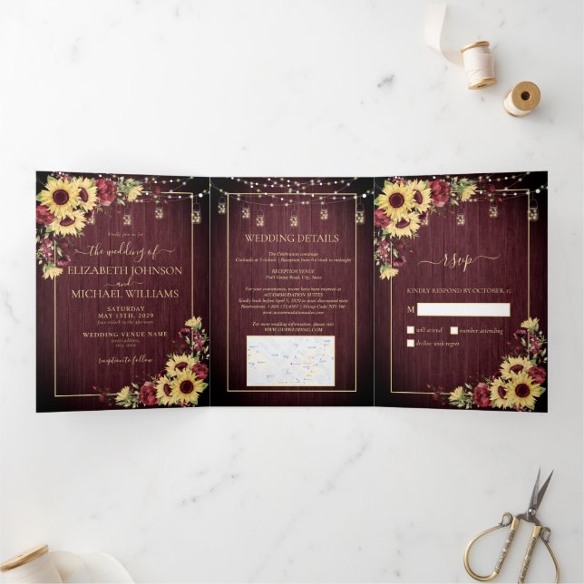 Invitation Trois Volets Tournesol rustique Bourgogne Bois Mariage Floral (Intérieur)