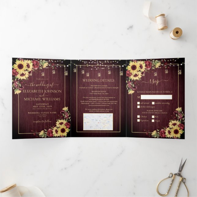 Invitation Trois Volets Tournesol rustique Bourgogne Bois Mariage Floral (Intérieur)