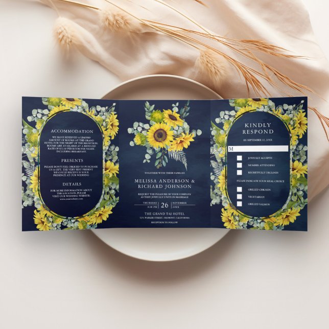 Invitation Trois Volets Tournesols et Eucalyptus 3 en 1 Mariage bleu marin (Créateur téléchargé)