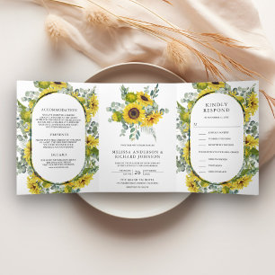Invitation Trois Volets Tournesols rustiques et Eucalyptus 3 en 1 Mariage