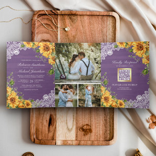 Invitation Trois Volets Tournesols rustiques Mariage Code QR Bois Lavande