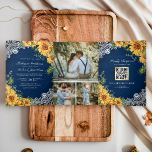 Invitation Trois Volets Tournesols rustiques Marine Bleu Bois QR Code Mari