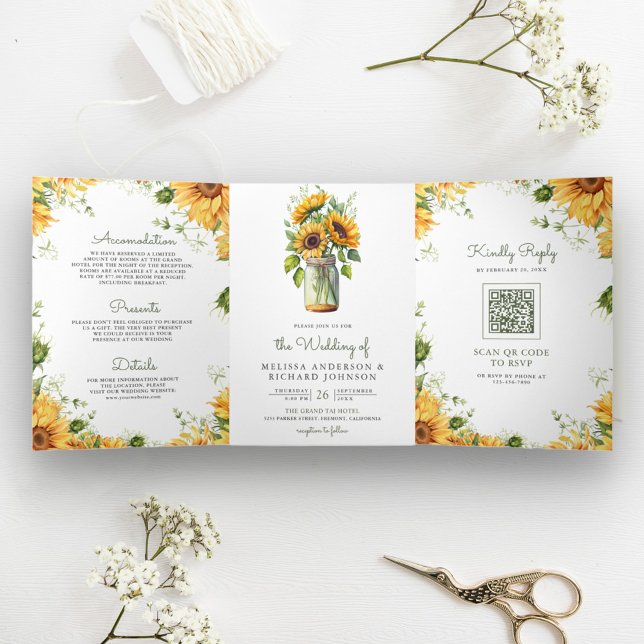 Invitation Trois Volets Tournesols rustiques Mason Jar QR Code Mariage (Créateur téléchargé)