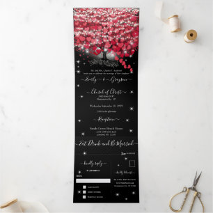 Invitation Trois Volets Tout en un Élégant Mariage rouge et rose de feuill