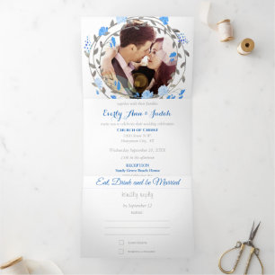 Invitation Trois Volets Tout en Un Mariage Couronne Florale Bleu Gris Fran