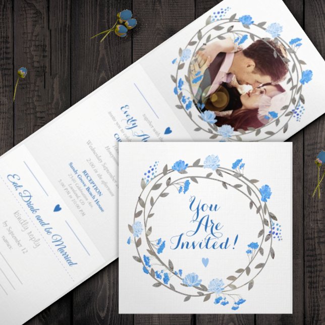Invitation Trois Volets Tout en un Mariage Floral gris bleu français (Créateur téléchargé)