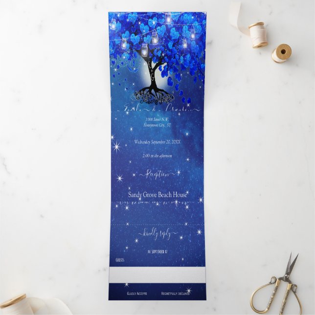 Invitation Trois Volets Tout en un Mariage Royal Blue Heart Leaf (Intérieur)
