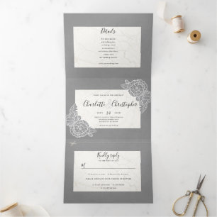 Invitation Trois Volets tri-pliage gris floral en un seul mariage