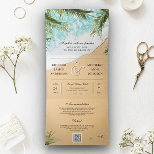 Invitation Trois Volets Tropical Beach Palm All in One QR Code Mariage